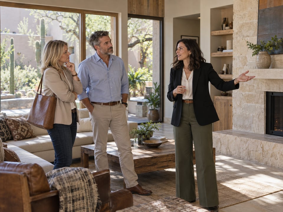 Illustrative real estate professionals discussing the floor plan inside a tour home